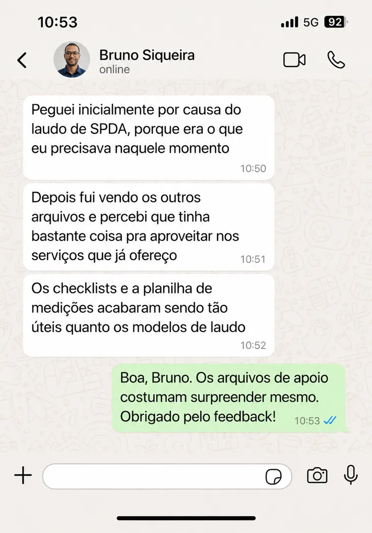 Depoimento de cliente sobre o kit de laudos elétricos, número 4