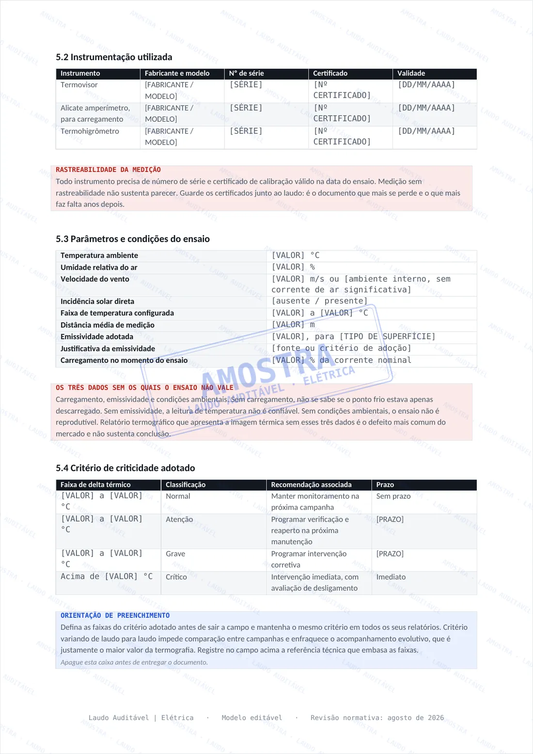 Instrumentação utilizada, parâmetros do ensaio termográfico e critério de criticidade.