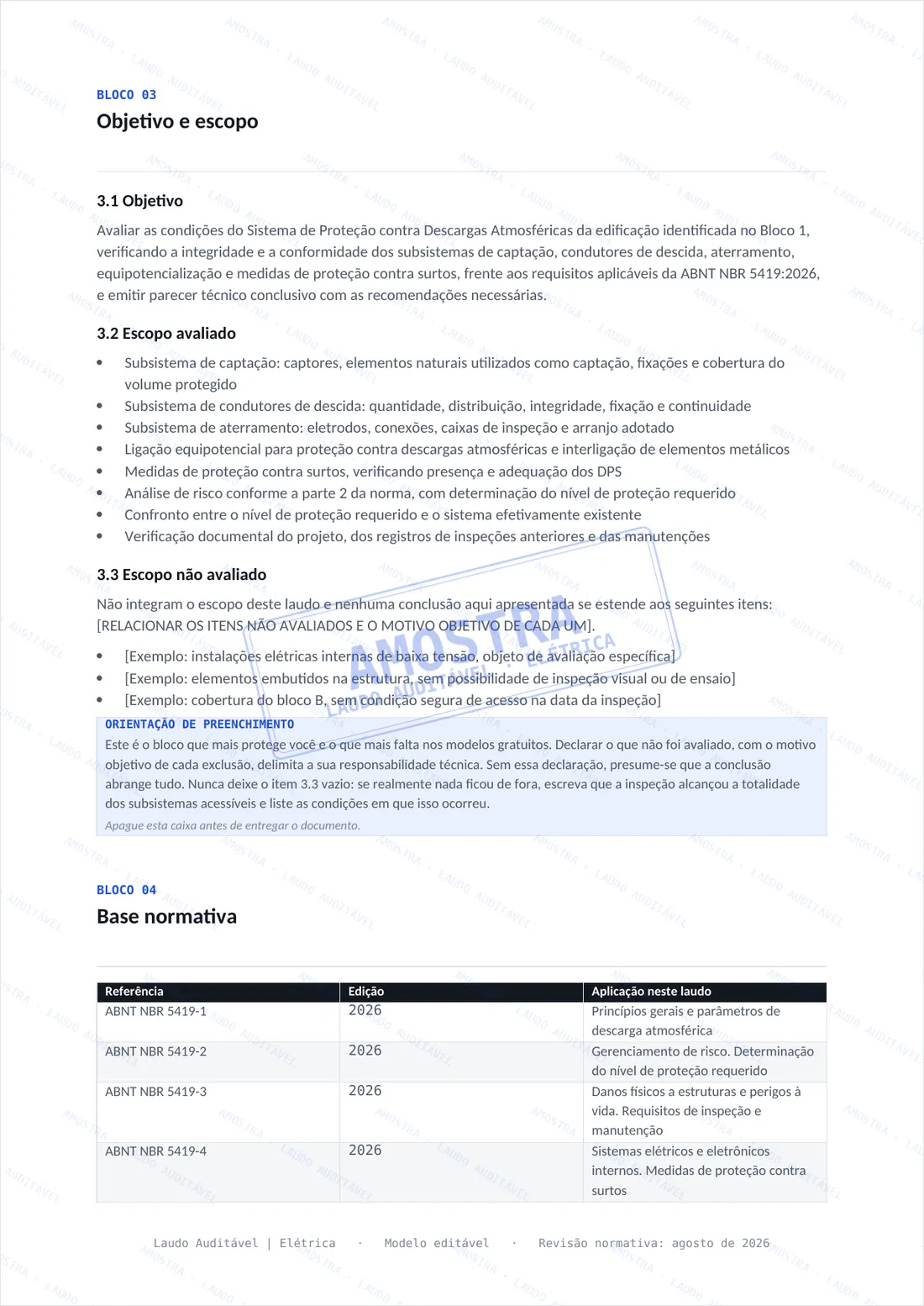 Bloco 03, objetivo e escopo, com escopo avaliado e escopo não avaliado.