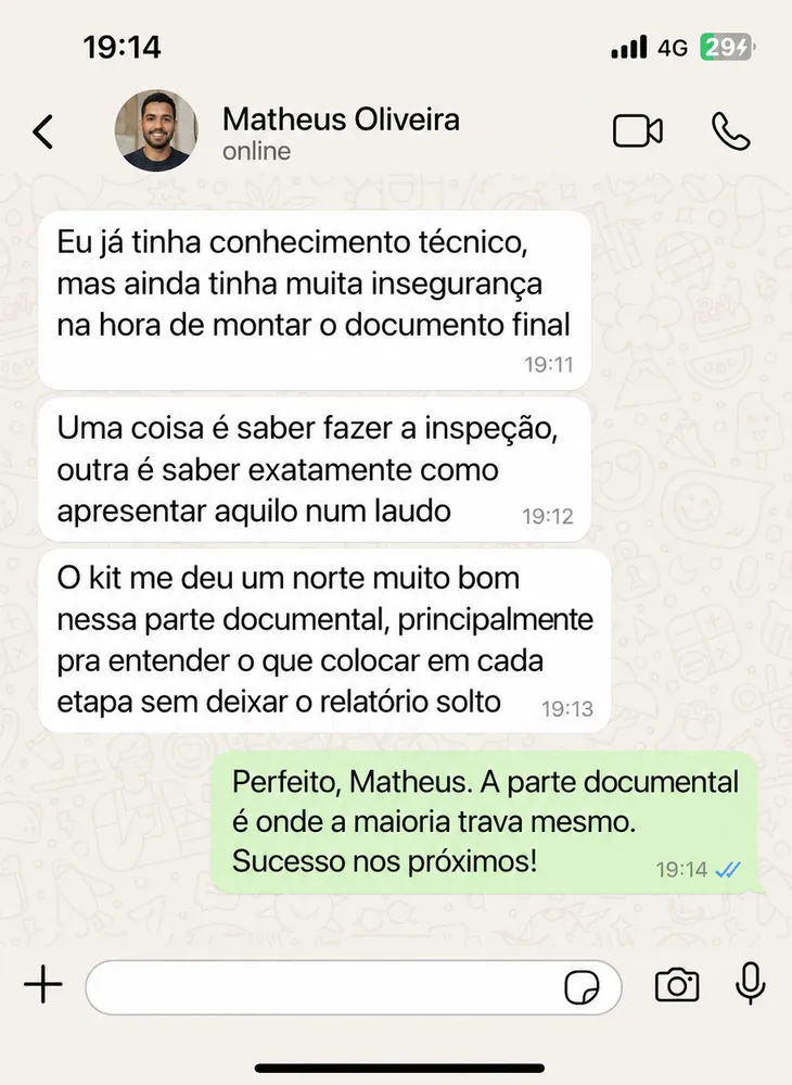 Depoimento de cliente sobre o kit de laudos elétricos, número 3