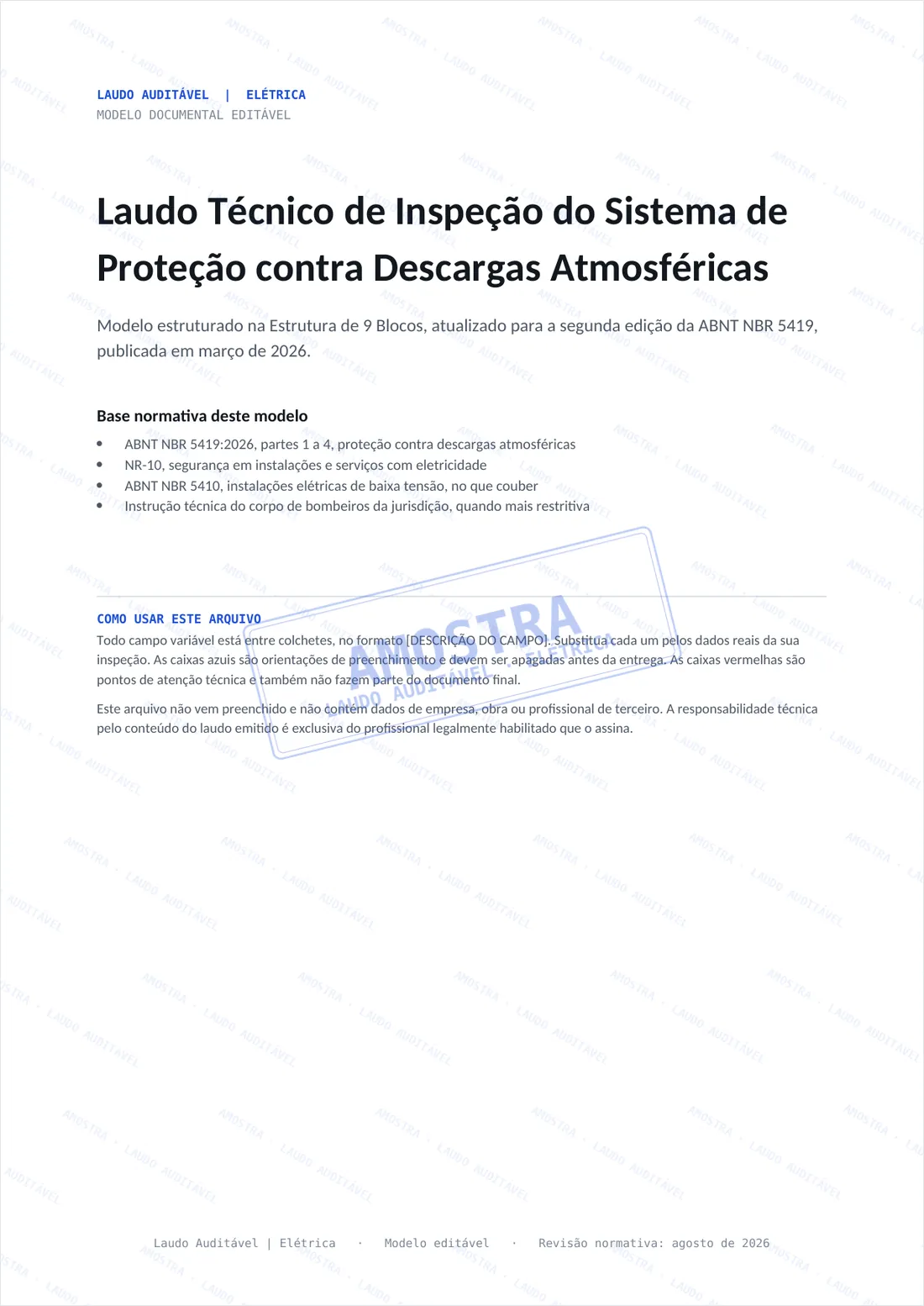 Página de abertura do laudo de SPDA, com base normativa e orientação de uso do arquivo.