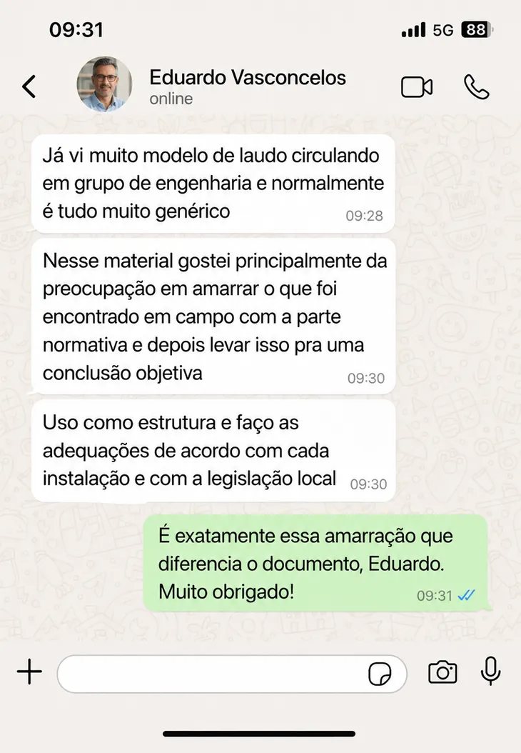 Depoimento de cliente sobre o kit de laudos elétricos, número 10